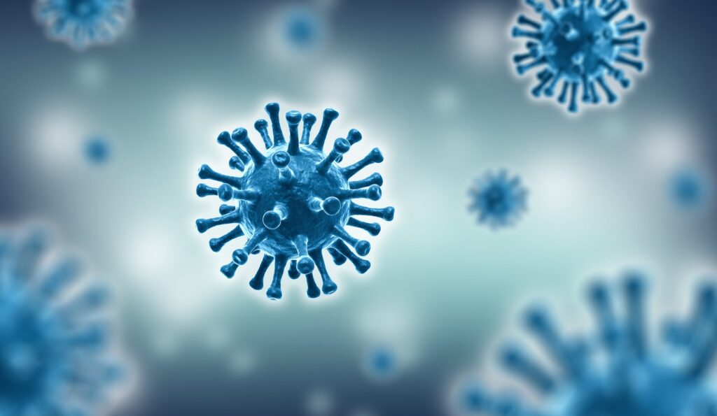 Corona-Virus-Darstellung als Mikroskopaufnahme mit blauen Kugeln